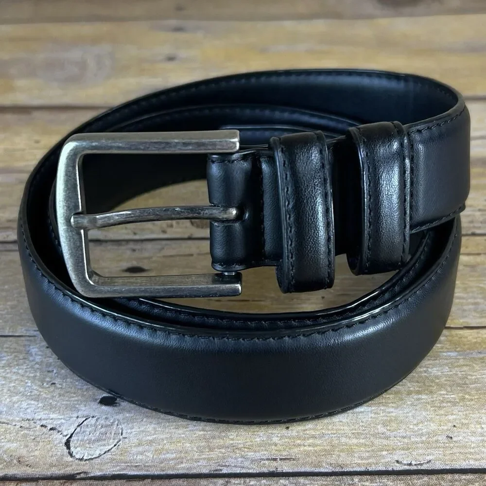 Boys Black Faux Leather Dress Belt Silver Buckle Formal School Uniform Accessory